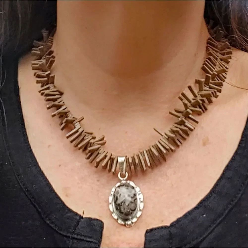Sterling Turritella Agate & Agate Flip Bead Neckl